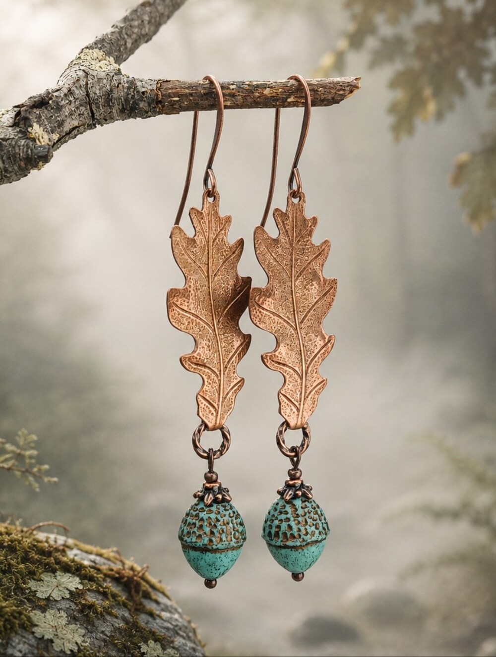 Copper Oak Leaf Earrings Turquoise Green Czech Glass Acorn Woodland Handcrafted